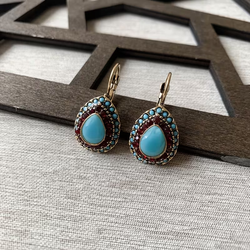 Classic Teardrop Resin Earrings for Women, Vintage Artificial Turquoise Rhinestone Hook Earrings, Gift for Loved Ones and Friends, Birthday Party Gift