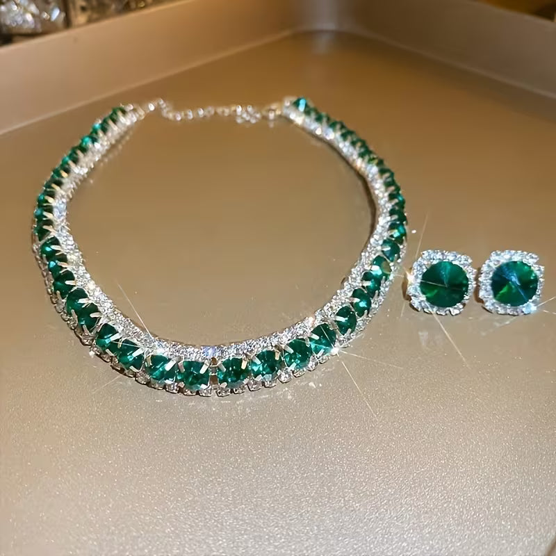 Luxury Green Necklace and Earrings Set, Sexy & Simple Style, Fashion Jewelry for Women, Elegant Evening Party Accessories Gifts for Eid