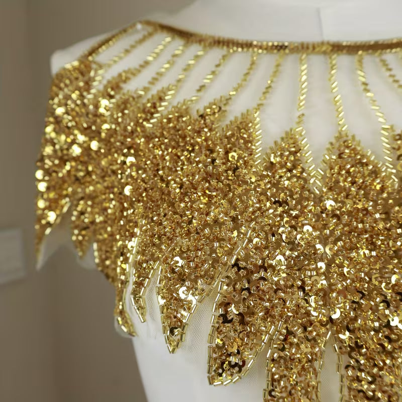 Golden Feather-like Fashion Dress Lace