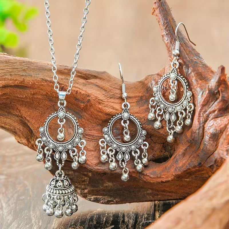 3pcs Bohemian Ethnic Vintage for Women - Zinc Alloy & Glass Bead Bell & Tassel Earrings and Necklace, K Plated Ilvery Peach Bell Charms, Cultural for Parties Weddings Daily Wear, Year-Round Elegant Statement