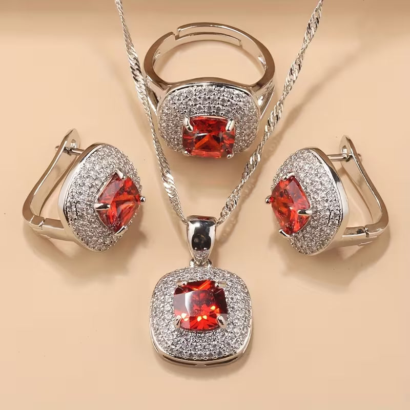 A Luxurious Jewelry Set Featuring Elegant And Classic Additions for Brides And Bridesmaids, Including High-Quality Cubic Zirconia Square Earrings, a Necklace, a Pendant, And an Adjustable Ring