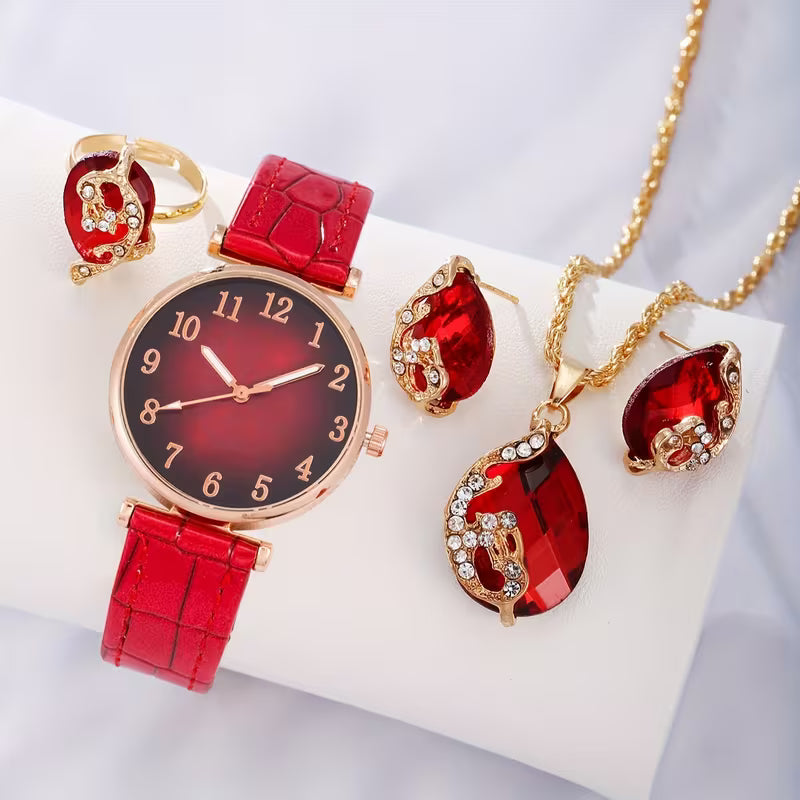 Leaf Digital Dial Women's Watch, Fashionable and Versatile Quartz Wristwatch + Jewelry Four-Piece Set