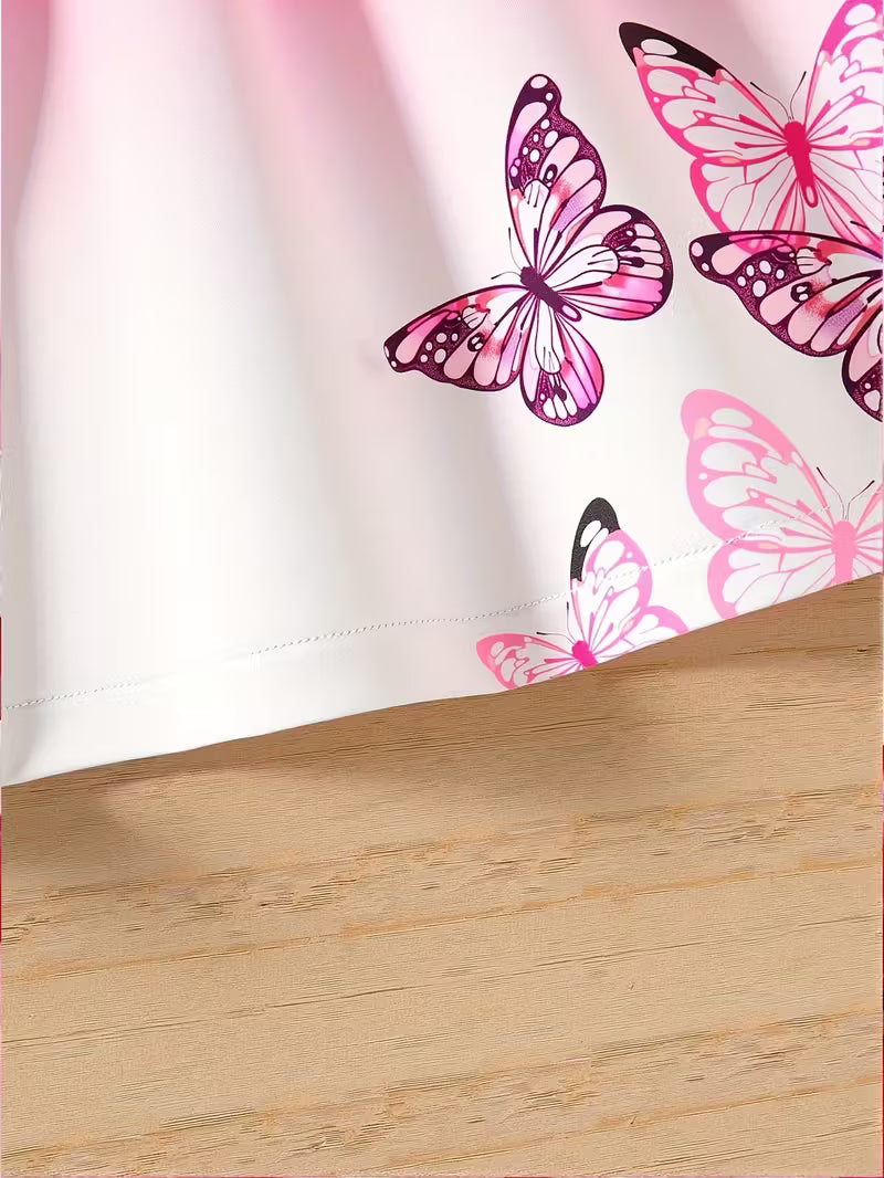 Girls' Fashion Round-neck Flutter-sleeve Ruffle Butterfly Print Princess-style Gradient Butterfly Dress, Suitable for Holidays, Vacations, and the Beach