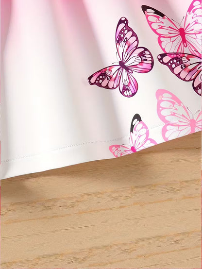Girls' Fashion Round-neck Flutter-sleeve Ruffle Butterfly Print Princess-style Gradient Butterfly Dress, Suitable for Holidays, Vacations, and the Beach