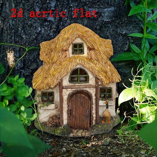 One 2D Flat Enchanting Acrylic Thatched Cottage Wooden House with Fairy Door - Rustic Garden Tree Decoration, Whimsical Outdoor Ornament Craft, Cottage Core Decor, 2D Flat