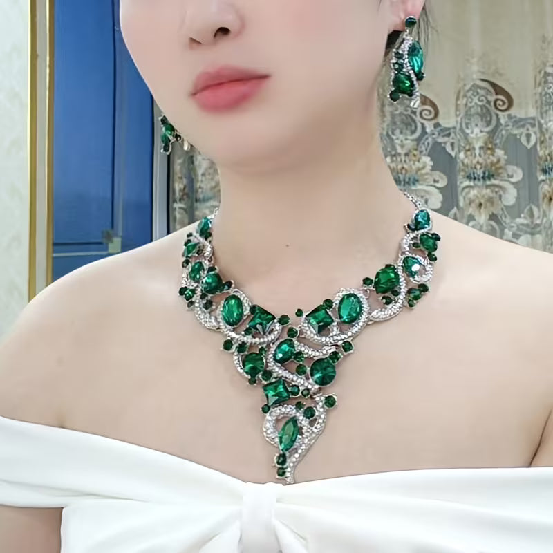 3pcs set of green and blue necklace and earrings, stylish and luxurious, suitable for daily gifts and various live ceremonies, party accessories for women.
