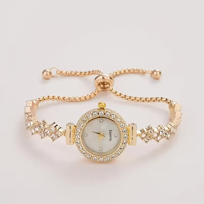 A Luxurious Women'S Quartz Watch with a Stylish And Elegant Round Design, Adorned with Rhinestones. The Bracelet Is Adjustable And Makes a Perfect Gift for Mom