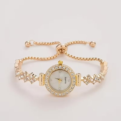 A Luxurious Women'S Quartz Watch with a Stylish And Elegant Round Design, Adorned with Rhinestones. The Bracelet Is Adjustable And Makes a Perfect Gift for Mom