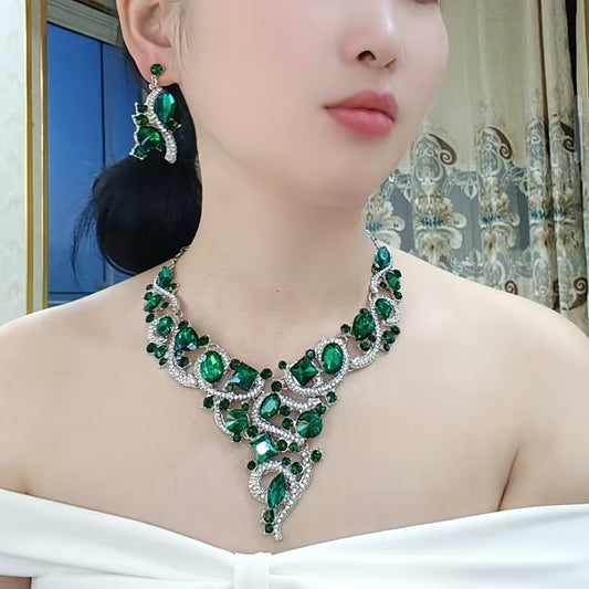 3pcs set of green and blue necklace and earrings, stylish and luxurious, suitable for daily gifts and various live ceremonies, party accessories for women.