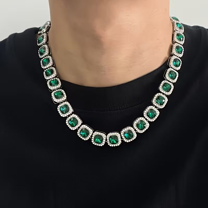 1pc of Men'S Hip-Hop Inspired Green Square Glass Cuban Link Choker Necklace, a Fashionable Accessory for Rappers, Robust And Stylish Statement Jewelry, Perfect Gift for Your Loved One