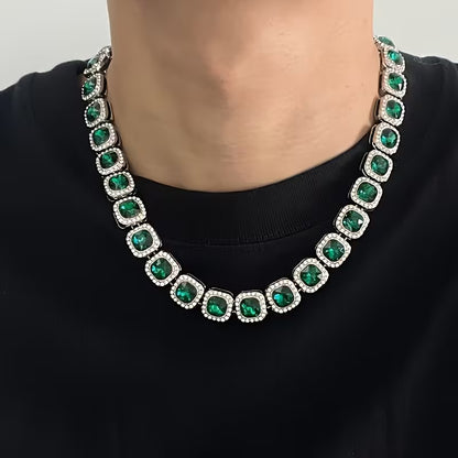 1pc of Men'S Hip-Hop Inspired Green Square Glass Cuban Link Choker Necklace, a Fashionable Accessory for Rappers, Robust And Stylish Statement Jewelry, Perfect Gift for Your Loved One