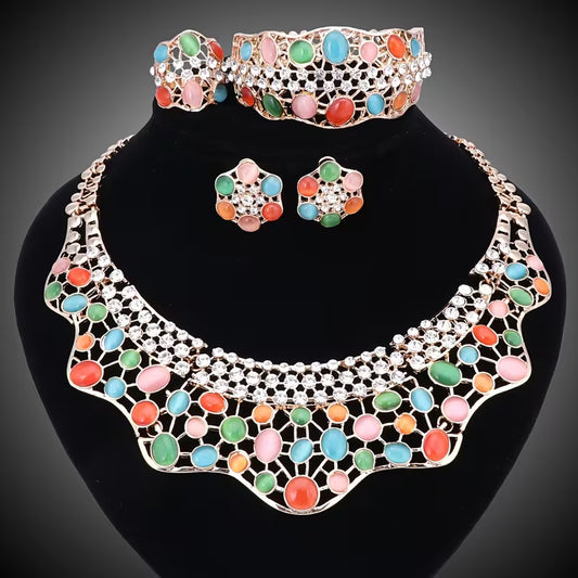 Elegant Jewelry Collection for Women Featuring Faux Cat'S Eye, Rhinestones, And a Golden Necklace, Earrings, Bangle, And Ring, Perfect for Banquets And Proms