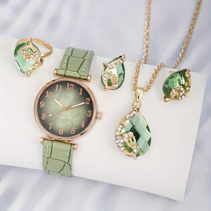 Leaf Digital Dial Women's Watch, Fashionable and Versatile Quartz Wristwatch + Jewelry Four-Piece Set