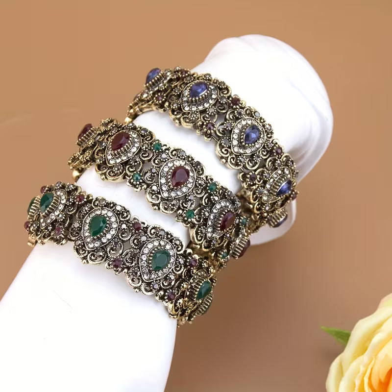 1pc Exquisite Vintage Turkish Women's Bracelet, C-Shape Design for Wrist Circumference Under 17cm & Diameter Below 5.4cm, Metal Arabic Pattern with Rhinestone Inlay, Middle Eastern Mediterranean Court Jewelry, Traditional European Wedding Bridal Accessory