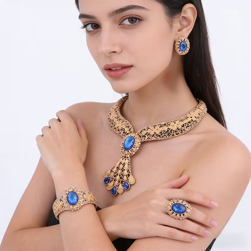 Vintage Golden Filigree Jewelry Set with Synthesis Created-Sapphire Artificial Crystal - Necklace Earrings Bangle Ring for Wedding Party Prom Bridal Jewelry Gift