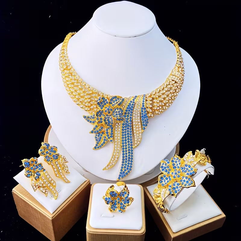 5pcs Women's Jewelry Set Elegant Floral & Leaf Multicolor Sparkling Necklace, Earrings, Bracelet & Adjustable Ring for Wedding, Party, Valentine's Gift - Year-Round Wearable for Special Occasions, Complete Matching Set