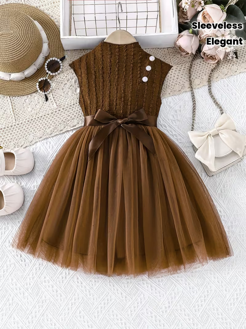 A Romantic And Elegant Sleeveless Dress with a Half-High Collar, Pearl Buttons, And a Mesh Belt, Perfect for Outdoor Casual Wear And Parties