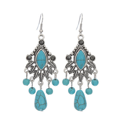 Fashionable Bohemian Vintage Carved Turquoise Teardrop Tassel Earrings