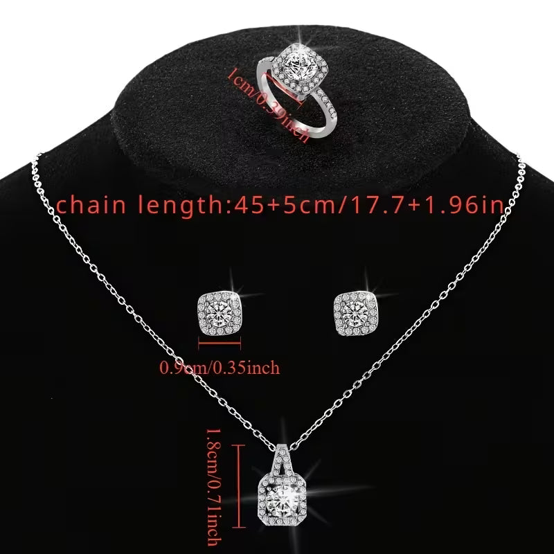 A Stylish And Luxurious 4pcs Jewelry Set Featuring a Sparkling And Exquisite Necklace, Earrings, And Ring, Perfect As an Elegant And Beautiful Gift for Birthdays, Holidays, Or Special Occasions