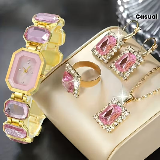 MSCXDK 5pcs Women's Watch & Jewelry Set - Square Quartz Watch with Matching Bracelet/Collar Necklace/Earrings/Ring, Multicolor Alloy Chain, Shockproof Stainless /Casual Elegant Analog Wristwatch for Daily Wear & Special Occasions,