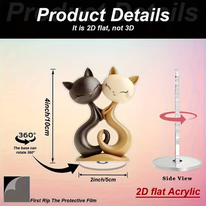2D Flat, 1pc Rotating Acrylic Tabletop Decor with Smiling Tabby Cat Couple - Black & White Brown Beige Modern Desktop Display, 360° Spin Base Suitable for Home, Office, Farmhouse - Durable / Use, Perfect Gift for Birthdays, Housewarming, Valentine's