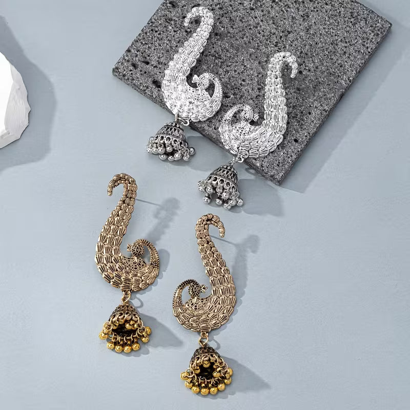 A Pair of Elegant Vintage Indian-Style Peacock Chandelier Earrings for Women, Perfect for Festivals, Birthdays, Dates, Parties, And Vacations