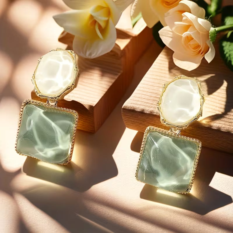 Elegant Boho Chic Irregular Square & Oval Resin Earrings - French-Inspired, Versatile Golden-Tone Dangle Earrings with Stainless Steel Posts for Daily Wear and Parties, Quirky Earring