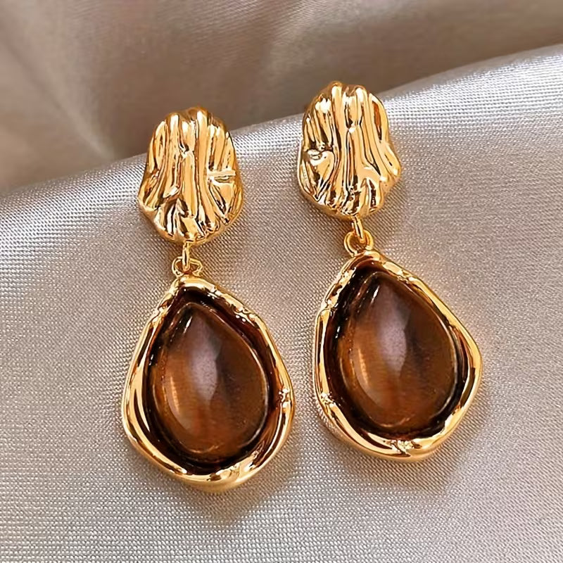 2pcs Vintage Elegant Lightweight Teardrop Resin Ladies' Earrings | 14K Golden Plated Zinc Alloy, Suitable for Daily and Party Occasions