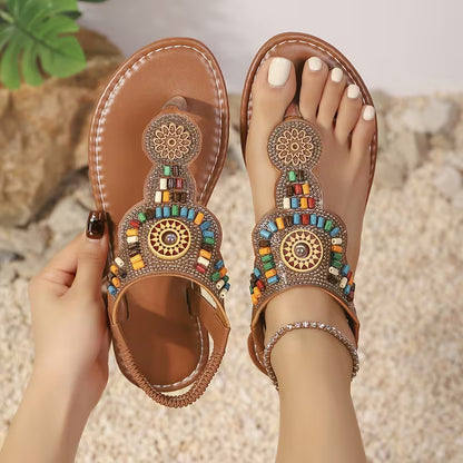 Summer New Vintage Bohemian Ethnic Style Casual Soft Sole Slip-On Sandals, Women Shoes