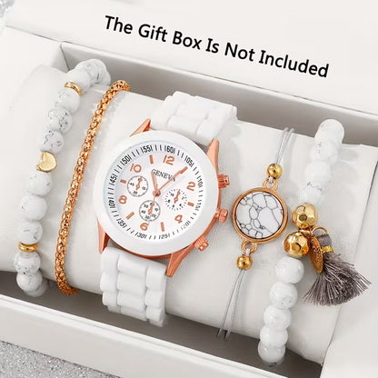 5pcs Set Women's Quartz Watch & Bracelet Collection - Elegant Casual Analog Watch Set with Durable Silicone Strap, Matching Bracelets for Birthdays, Weddings, Christmas Gifts - Stylish Watch Set for Daily Wear & Special Occasions (for her)