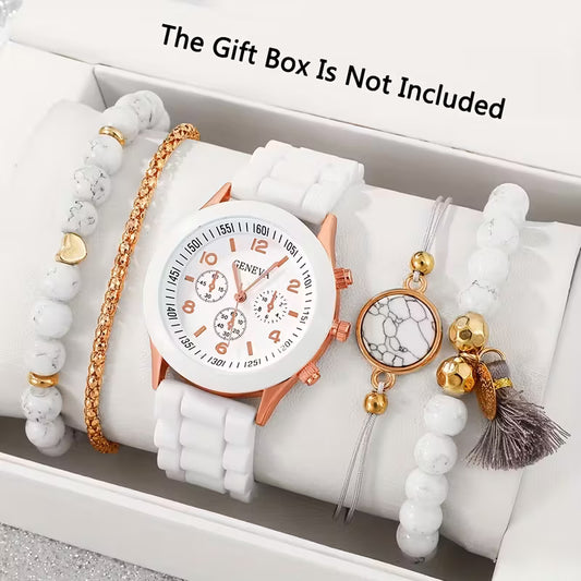 5pcs Set Women's Quartz Watch & Bracelet Collection - Elegant Casual Analog Watch Set with Durable Silicone Strap, Matching Bracelets for Birthdays, Weddings, Christmas Gifts - Stylish Watch Set for Daily Wear & Special Occasions (for her)