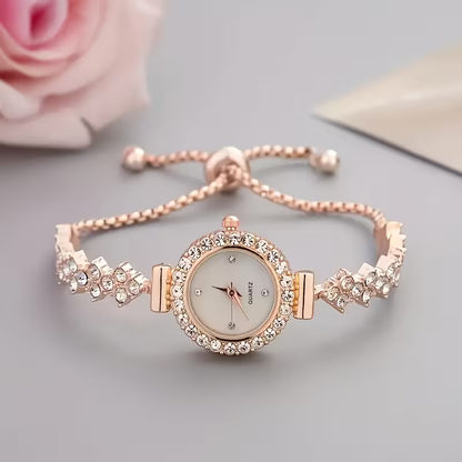 A Luxurious Women'S Quartz Watch with a Stylish And Elegant Round Design, Adorned with Rhinestones. The Bracelet Is Adjustable And Makes a Perfect Gift for Mom