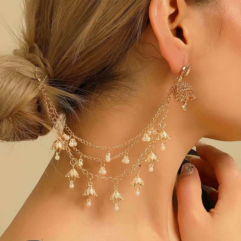 A Stylish Jhumka Set Featuring Detachable Glamorous Rhinestone Earrings with Bell And Faux Pearl Tassels, This Jewelry Ensemble Includes Four Interchangeable Long Chain Indian Additions, Perfect for Women to Wear on a Daily Basis, During Festivals