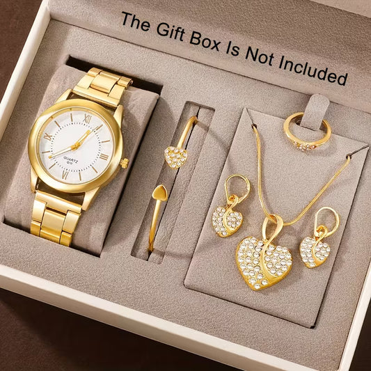 6pcs Women'S Stylish And Elegant Business Style Quartz Watch, Bracelet, Necklace, Earrings, And Ring Set (In an Opp Bag)
