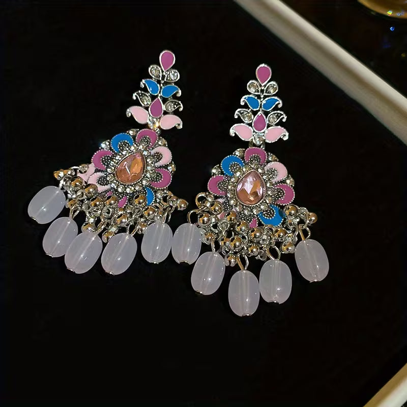 A Pair of Vintage Luxurious Ethnic-style Resin Tassel Earrings with Drip-painted Floral Designs