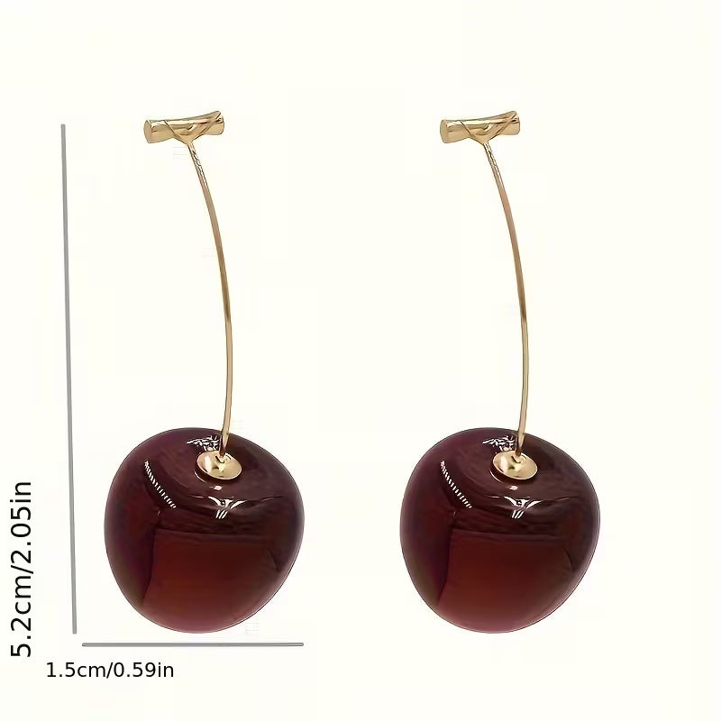 Elegant Burgundy Long Cherry Earrings for Women - Chic Resin & Alloy Fashion Accessory