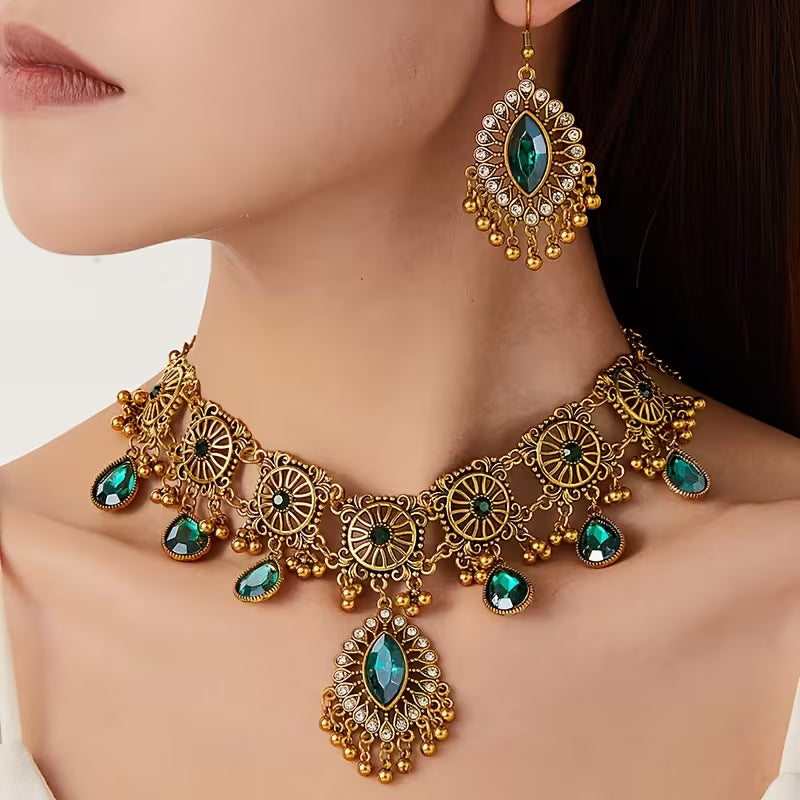 A Vintage Hollow Drop Tassel Jewelry Set Featuring an Exaggerated Necklace And Earrings with a Middle Eastern Ethnic Style in Western Fashion
