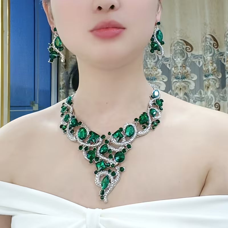 3pcs set of green and blue necklace and earrings, stylish and luxurious, suitable for daily gifts and various live ceremonies, party accessories for women.