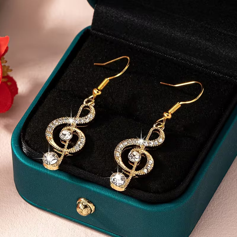 Elegant Music Note Dangle Earrings with Sparkling Rhinestones - Zinc Alloy, Glass Inlay, Perfect for Daily Wear & Parties