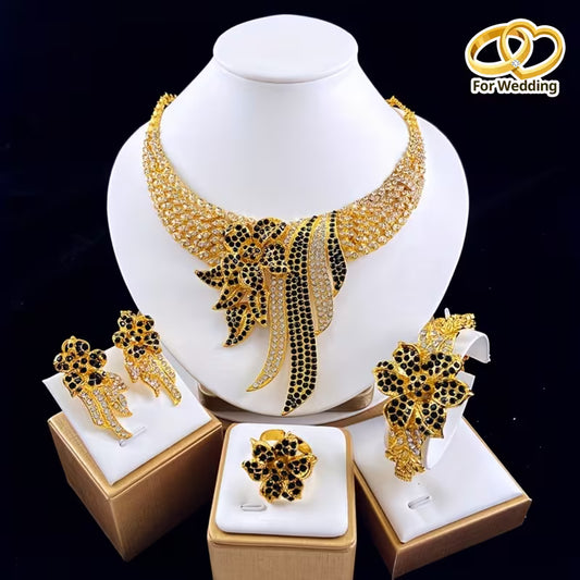 5pcs Women's Jewelry Set Elegant Floral & Leaf Multicolor Sparkling Necklace, Earrings, Bracelet & Adjustable Ring for Wedding, Party, Valentine's Gift - Year-Round Wearable for Special Occasions, Complete Matching Set