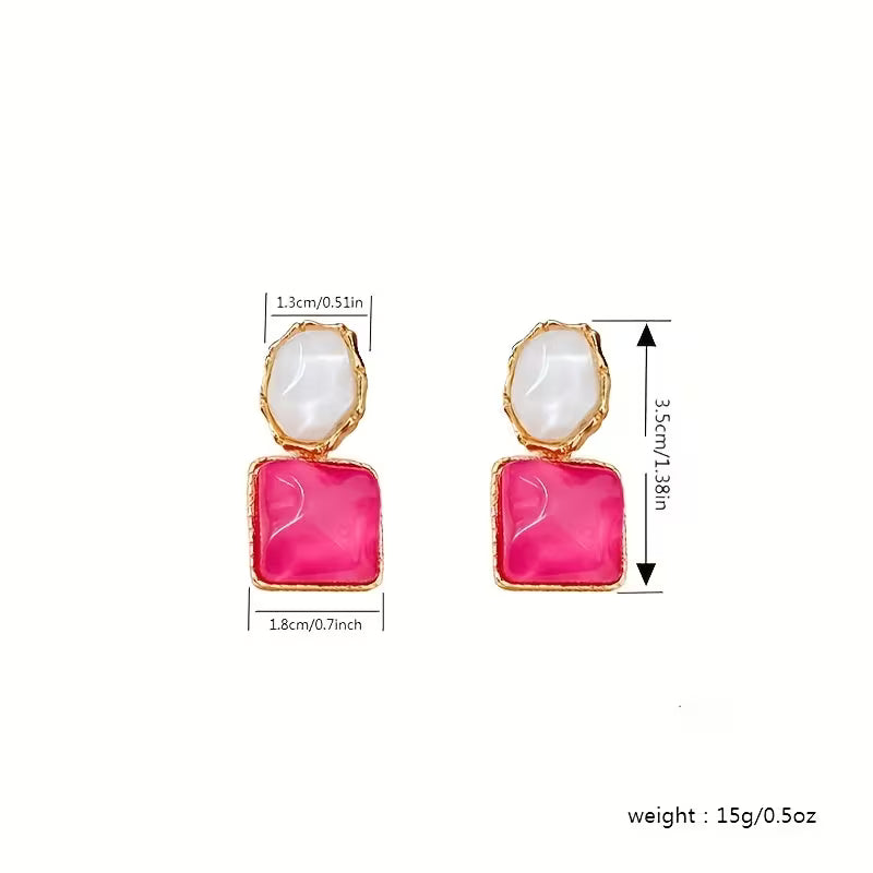 Elegant Boho Chic Irregular Square & Oval Resin Earrings - French-Inspired, Versatile Golden-Tone Dangle Earrings with Stainless Steel Posts for Daily Wear and Parties, Quirky Earring