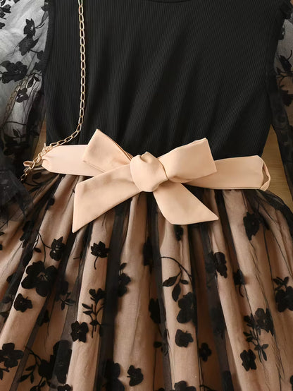 Girls' Floral Mesh Long-Sleeve Dress with a Bow Belt, a Stylish Princess Dress Suitable for Everyday Gifting And Parties