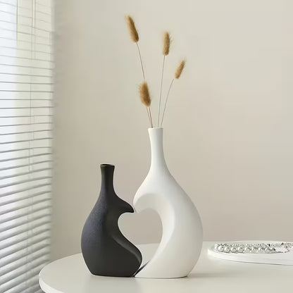 2pcs Modern Bohemian Black & White Bell Vase Set with Heart Decor - Plastic Flower Vases for Home, Wedding, Table Centerpiece - Bell-Shaped Vase & Heart Accent, Easy Assembly with Real/Dry Flowers, Space-Saving Decorative Vase Combo Gift