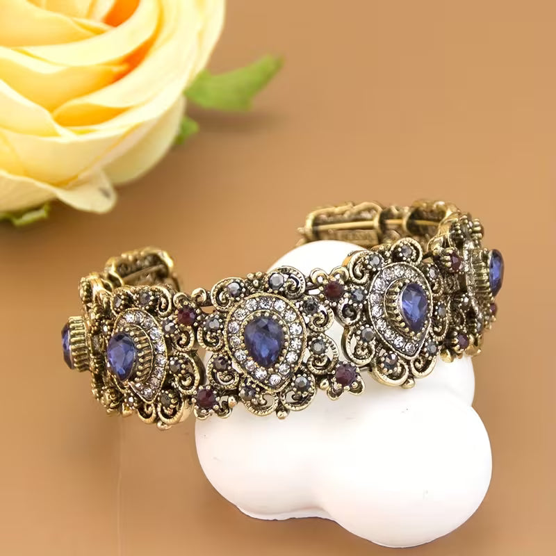 1pc Exquisite Vintage Turkish Women's Bracelet, C-Shape Design for Wrist Circumference Under 17cm & Diameter Below 5.4cm, Metal Arabic Pattern with Rhinestone Inlay, Middle Eastern Mediterranean Court Jewelry, Traditional European Wedding Bridal Accessory