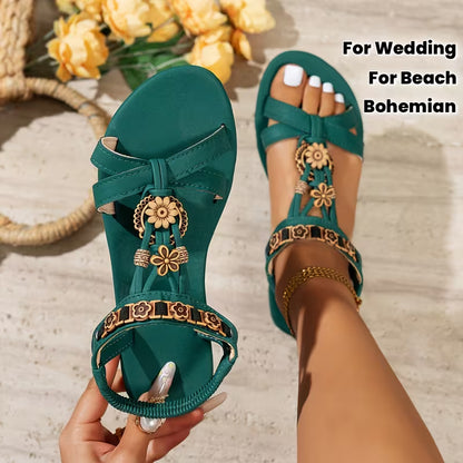 MINZHE YL Women's Bohemian Rhinestone Sandals - Closure Open-Toe Mules with Sole, Cushioned & Flat Heel - Beach Wedding Festival - Outfit Enhancer (Compatible for Style), Women Shoes
