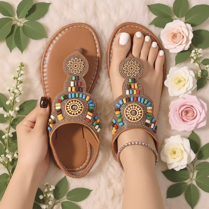 Summer New Vintage Bohemian Ethnic Style Casual Soft Sole Slip-On Sandals, Women Shoes