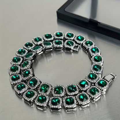 1pc of Men'S Hip-Hop Inspired Green Square Glass Cuban Link Choker Necklace, a Fashionable Accessory for Rappers, Robust And Stylish Statement Jewelry, Perfect Gift for Your Loved One