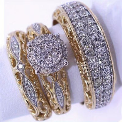 3pcs Set: A Gorgeous and Noble Ladies' Engagement Ring Set, Luxuriously Plated with 14k Golden and Adorned with Sparkling Synthetic Synthetic Zirconia. A Charming Party Jewelry Accessory, Perfect as a Valentine's Day Gift for Women