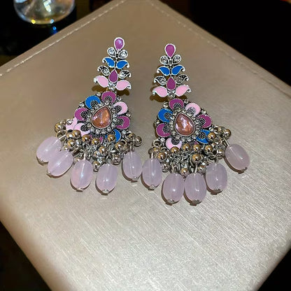 A Pair of Vintage Luxurious Ethnic-style Resin Tassel Earrings with Drip-painted Floral Designs