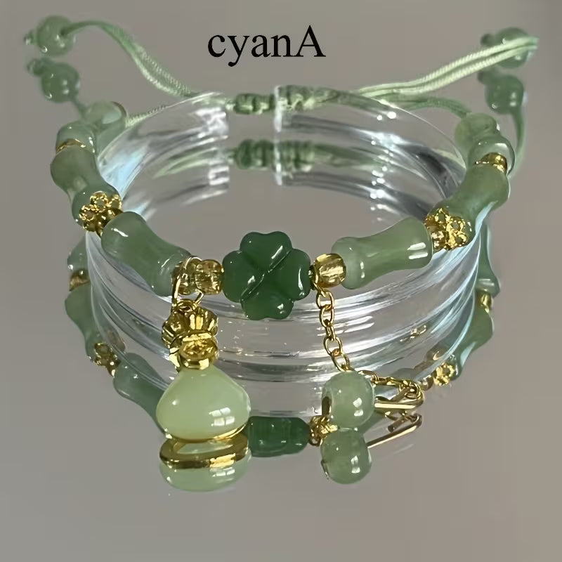 1pc Lucky Four-Leaf Clover Coin Purse Bracelet - Green Beads & Lucky Elements, Resin Glass Texture, Tribal Style, Perfect Mother'S Day Gift, Daily Wear, Party Occasion